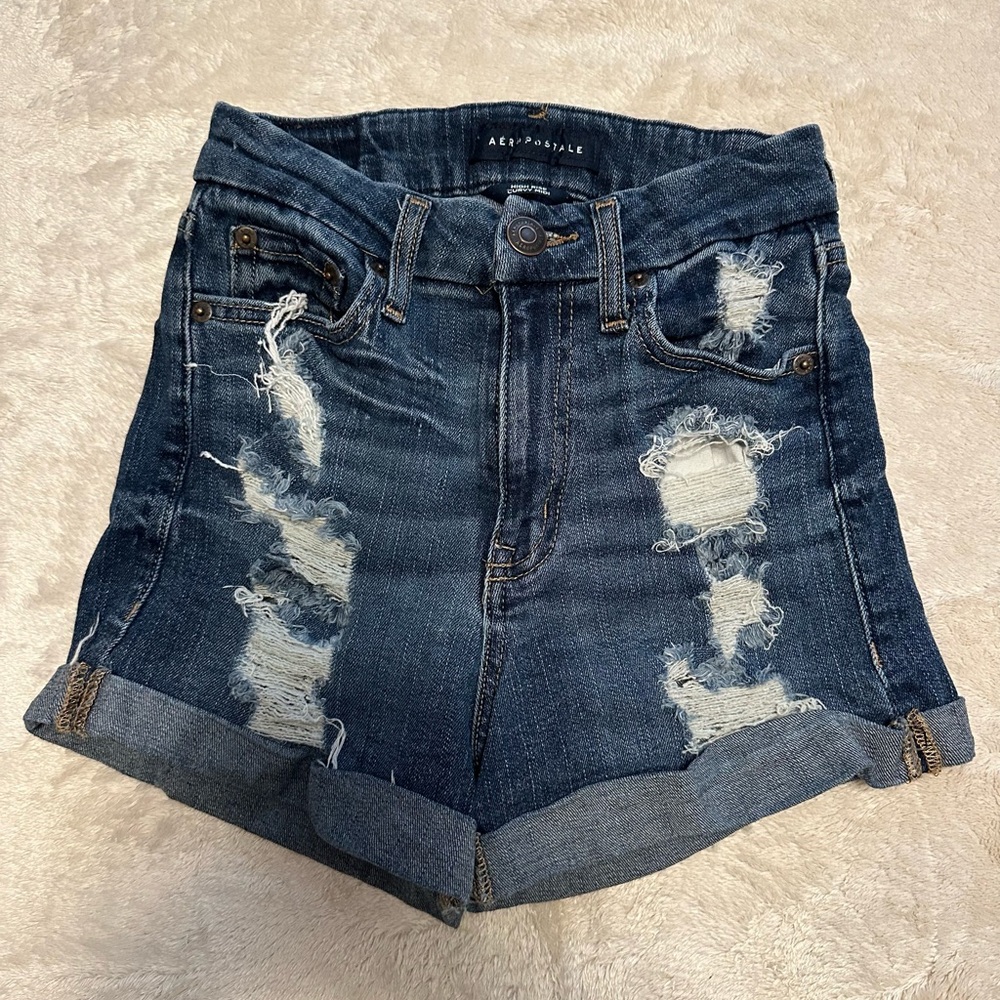 Aeropostale Curvy High-Rise Denim Midi Shorts Dark Wash W/ Cut Outs Size 0